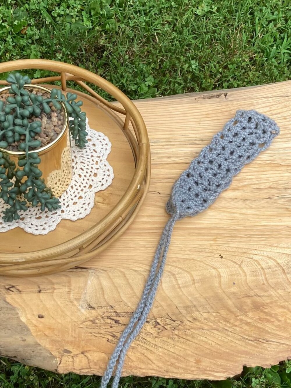Handmade Crochet Tie Back Headband Adult Light Gray Boho Hair Band
